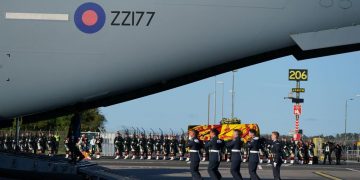 Plane Conveying Queen Elizabeth’s Coffin Touches Down London