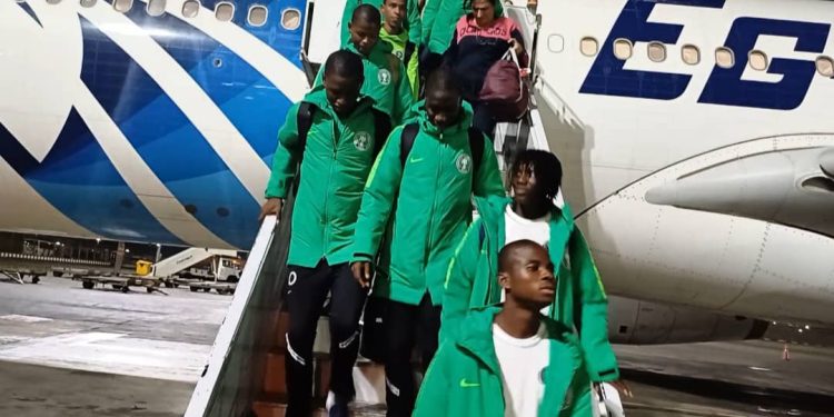 Golden Eaglets alight from aircraft at Algiers on Monday April 24, 2023 | PHOTO: NFF