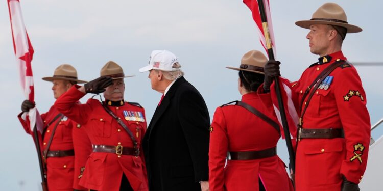 U.S. President Donald Trump arrives on Air Force One at Calgary International Airport, Sunday, June 15, 2025, in Calgary, Canada, ahead of the G7 Summit.