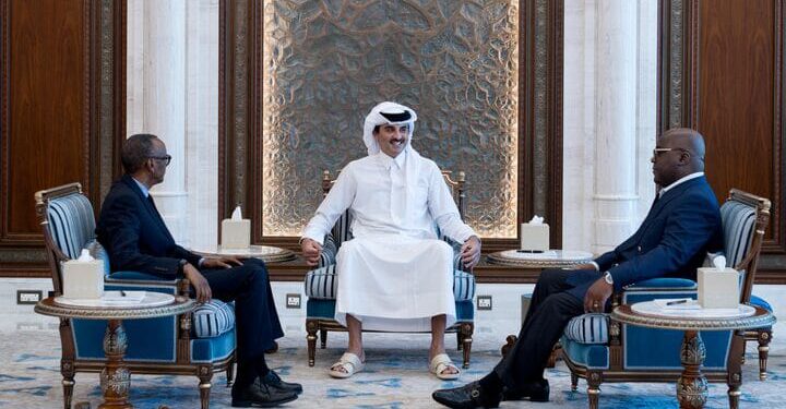 Democratic Republic of Congo President Felix Tshisekedi and his Rwandan counterpart Paul Kagame meet with Qatar's Emir Sheikh Tamim bin Hamad Al Thani in Doha, Qatar, March 18, 2025
