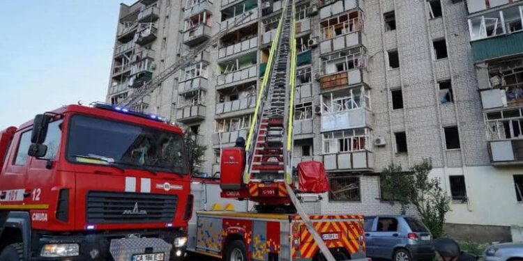 Firefighters work at the site of an apartment building damaged during Russian drone and missile strikes in Smila, Cherkasy region, Ukraine, June 29, 2025