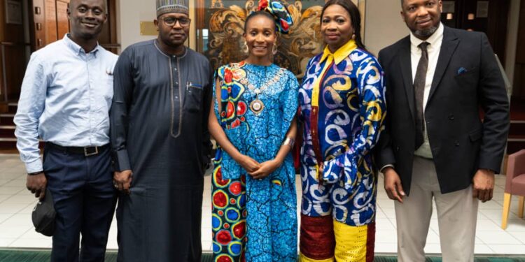 (L)Ayo Akande, Owner of City Jollof, London.
 (2nd Left),Hon Abdulrahman Terab, Head TTI&I(NIDCOM), (Middle) Princess Opeyemi Bright, Mayor of Barking and Dagenham, London, (2nd Right), Hon Abike Dabiri-Erewa, Chairman/CEO, NIDCOM, (First right),Funso Akinwunmi, Director, Avenue Impact, Londoñ.
