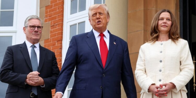 President Donald Trump greets Britain's Prime Minister Keir Starmer and his wife Victoria at the Trump Turnberry golf course in Scotland, 28 July 2025