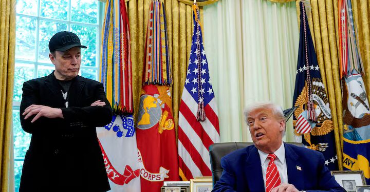 U.S. President Donald Trump and Elon Musk attend a press conference in the Oval Office of the White House in Washington, D.C., U.S., May 30, 2025.