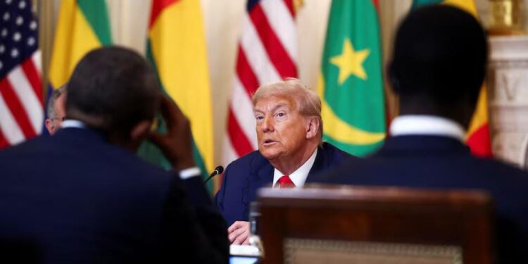 U.S. President Donald Trump hosts a lunch for African leaders of Gabon, Guinea-Bissau, Liberia, Mauritania, and Senegal in the State Dining Room at the White House in Washington, D.C., U.S., July 9, 2025