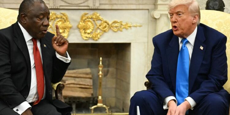 US President Donald Trump meets with South African President Cyril Ramaphosa in the Oval Office of the White House in Washington, DC, on May 21, 2025. South African President Cyril Ramaphosa meets Donald Trump on Wednesday amid tensions over Washington's resettlement of white Afrikaners that the US president claims are the victims of "genocide."