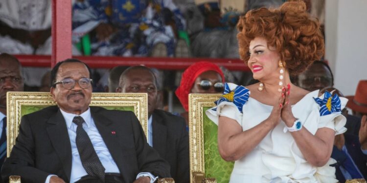Cameroon's President Paul Biya and First Lady Chantal Biya attend a political rally at Lamido Yaya Dairou Stadium in Maroua, Cameroon, Tuesday, Oct. 7, 2025.