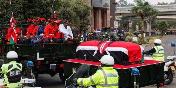 The military vehicle carrying the body of Kenyan former Prime Minister Raila Odinga, who died while receiving treatment in India, leaves Parliament Buildings for a requiem at the Nyayo National Stadium, in Nairobi, Kenya October 17, 2025