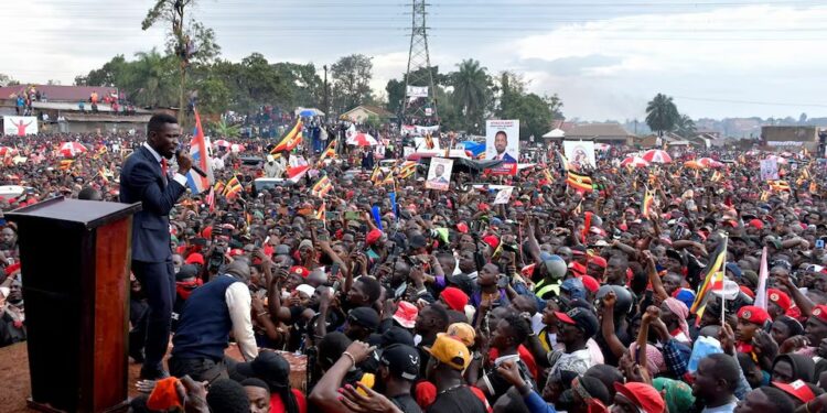 Bobi Wine at a political rally where he is cheered by young voters