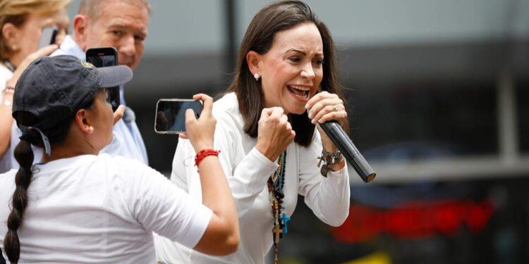 Venezuelan opposition leader Maria Corina Machado speaks at a rally to protest the regime’s announcement that ruling Nicolas Maduro had won the presidential election, Tuesday, July 30, 2024