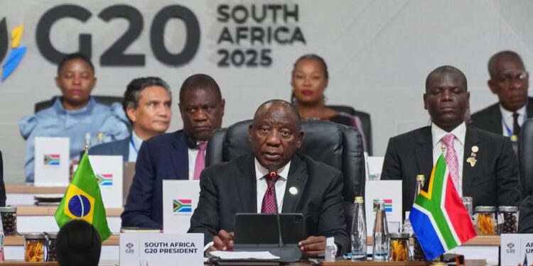 South African President Cyril Ramaphosa addresses the opening session of the G20 leaders' summit in Johannesburg, South Africa, November 22, 2025