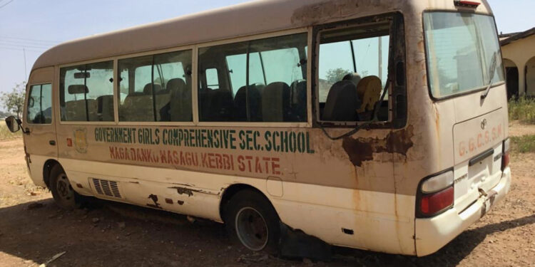 A view of the school bus of the Government Girls Comprehensive Secondary School, where gunmen on Monday attacked the school dormitory and abducted schoolgirls, is seen in Kebbi, Nigeria, Tuesday, Nov. 18, 2025. (AP Photo/Tunde Omolehin)
