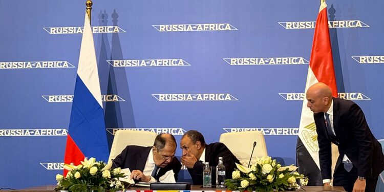 Russian Foreign Minister Sergey Lavrov, left, and his Egyptian counterpart Badr Abdelatty, at the conference of the Russia-Africa pin Cairo, Egypt, Dec. 20, 2025