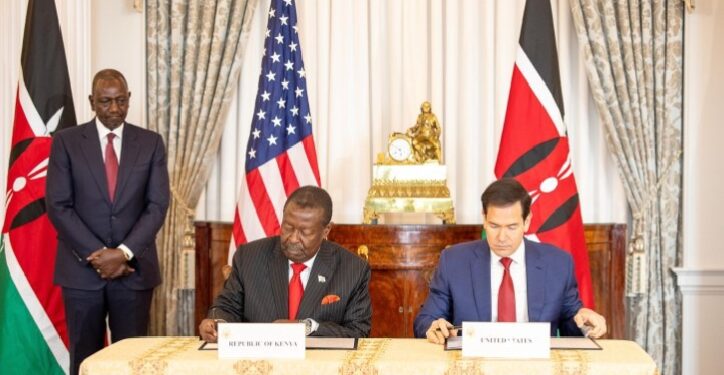 Kenyan President William Ruto witnessing the signing of the Kenya–U.S. Health Cooperation Framework, by U.S. Secretary of State Marco Rubio and Kenya’s Prime Cabinet Secretary Musalia Mudavadi.