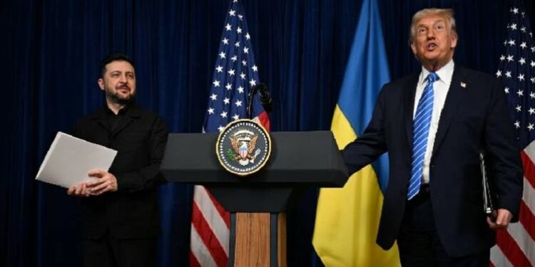 Ukranian President Volodymyr Zelensky and US President Donald Trump arrive at a press conference following talks at Trump’s Mar-a-Lago residence in Palm Beach, Florida, on December 28, 2025.