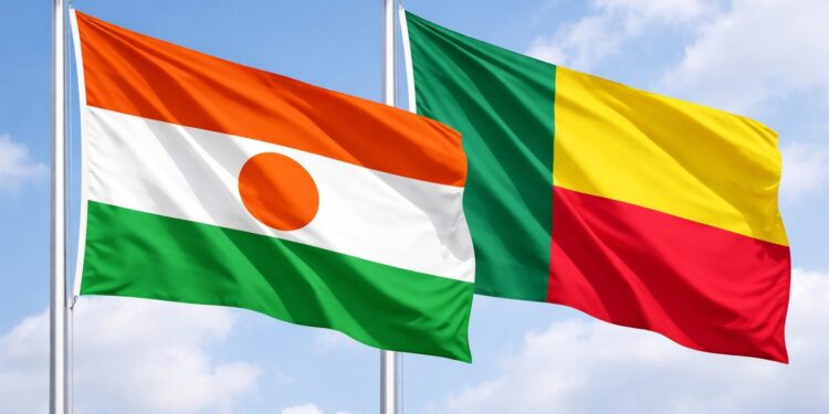 An AI-generated image showing the national flags of Niger and Benin flying side by side against a clear blue sky.