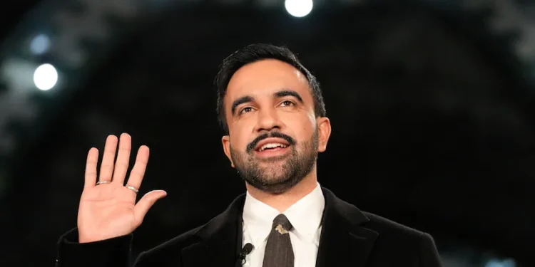 New York City Mayor Zohran Mamdani takes the oath of office during a swearing-in ceremony in New York's Old City Hall subway station