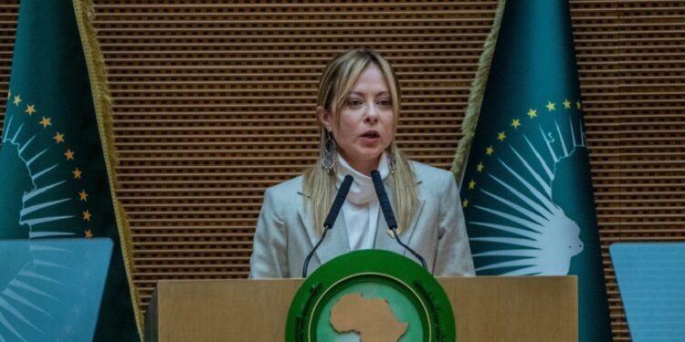 Italian Prime Minister Giorgia Meloni
addresses the second Italy-Africa Summit at the Addis International Convention Center in Addis Ababa, Ethiopia, Saturday, Feb. 14, 2026.