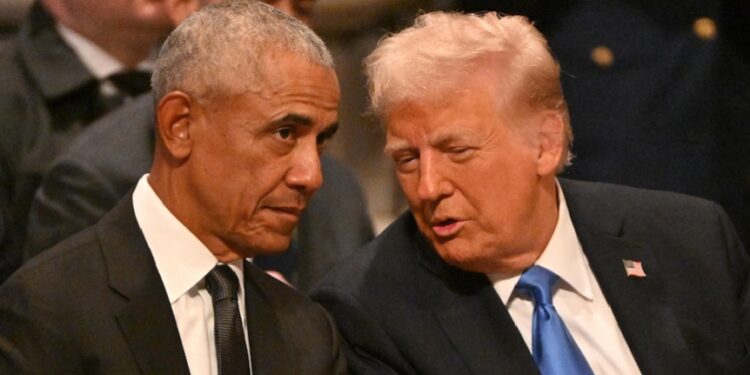 Barack Obama and Donald Trump before the state funeral service for former US president Jimmy Carter in 2025.