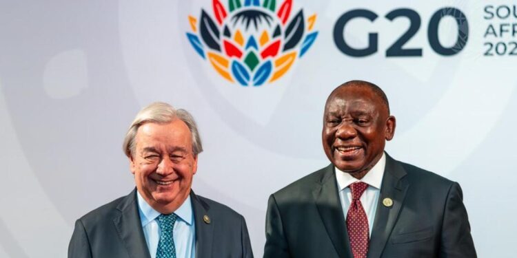 United Nations Secretary-General António Guterres (left) and South African President Cyril Ramaphosa (right) at the G20 Summit in Johannesburg, South Africa, 2025.