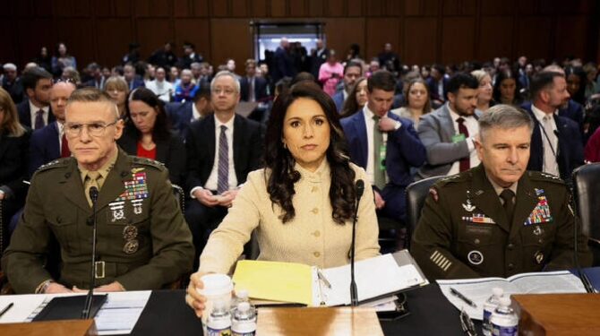 Lt. Gen. James Adams, Tulsi Gabbard and Lt. Gen. William Hartman testify before a Senate Intelligence Committee hearing on Capitol Hill in Washington, D.C., US, Mar. 18, 2026