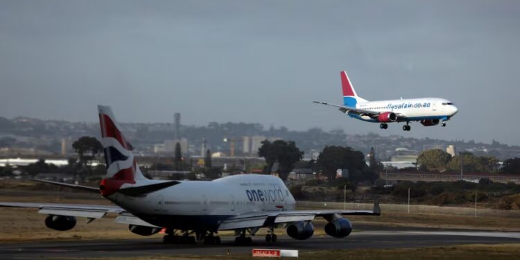FlySafair Boeing 737-400 passenger aircraft lands at Cape Town International Airport in Cape Town, South Africa, January 12, 2018