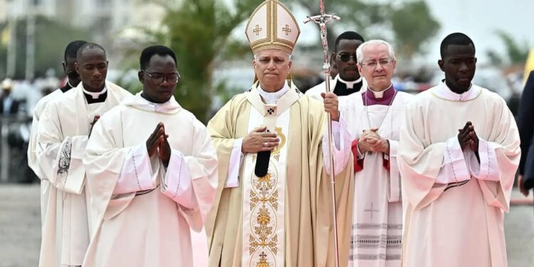 Pope Leo XIV arrives to lead the Holy Mass at Kilamba, Angola