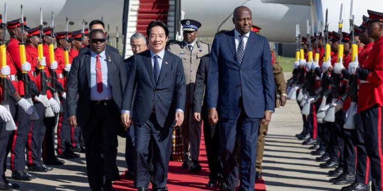 Taiwan President Lai Ching-te walks with Eswatini Prime Minister Russell Mmiso Dlamini upon arriving in Eswatini, May 2, 2026.