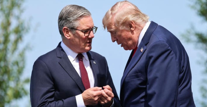 UK Prime Minister Keir Starmer and US President Donald Trump speak during during the G7 Summit on June 16, 2026 in France