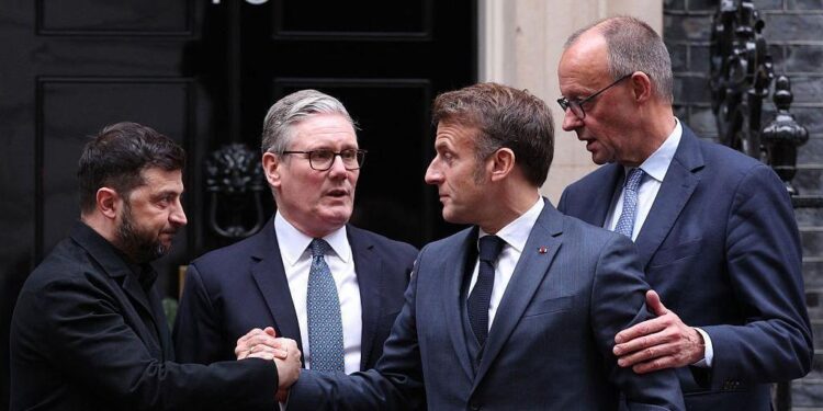 British Prime Minister Keir Starmer, Ukrainian President Volodymyr Zelenskiy, French President Emmanuel Macron, and German Chancellor Friedrich Merz chat outside 10 Downing Street following a meeting, in London, Britain, December 8, 2025.