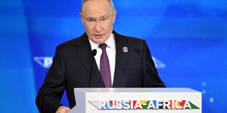 Russian President Vladimir Putin gives a speech during the Russia-Africa economic and humanitarian forum at the Gostiny Dvor conference centre in central Moscow, Russia, October 28, 2026.