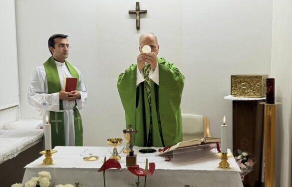 Pope Leo XIV celebrates Mass on the 10th floor at Rome's Gemelli Hospital Oct. 16, 2026, following his cancer surgery Oct. 13