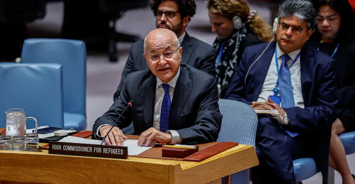 United Nations High Commissioner for Refugees (UNHCR) Barham Salih addresses the United Nations Security Council, at the UN headquarters in New York City, US, September 25, 2026